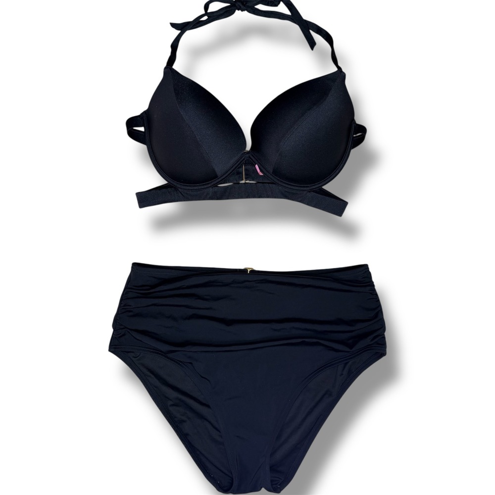 Victorias Secret Black Push Up Halter Bikini Set 36D Large High Waist Ruched